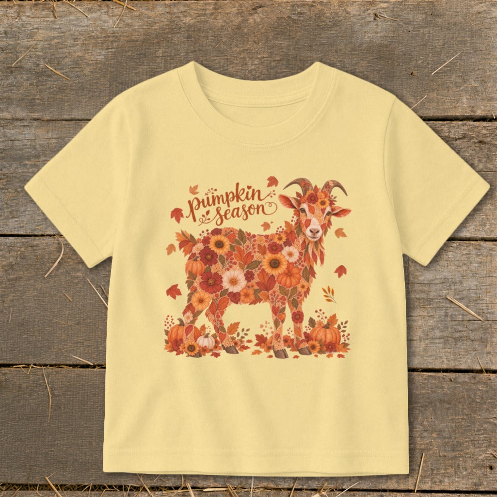 Yellow t-shirt with floral goat design and "pumpkin season" text.