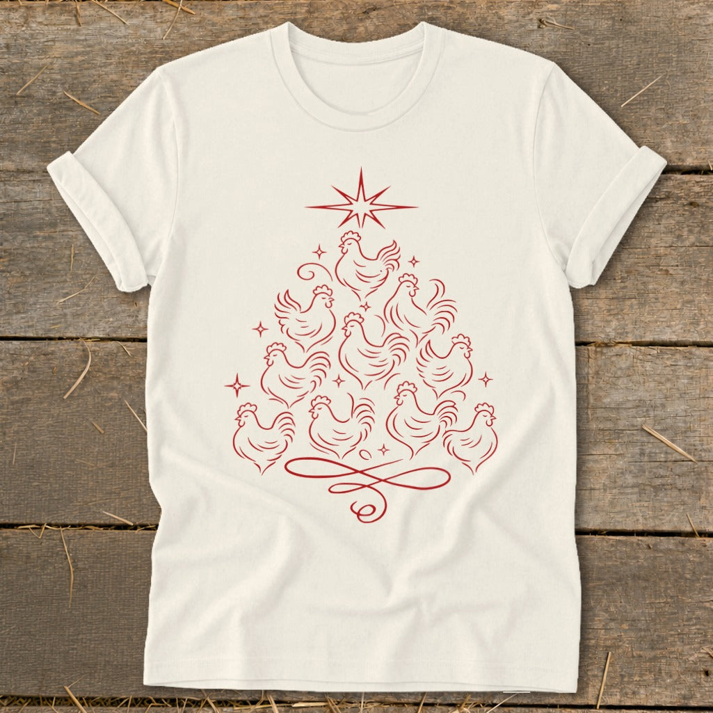 Cream t-shirt with a red line drawing of chickens arranged in a Christmas tree shape.