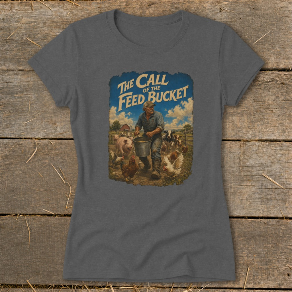 Farmer feeding pigs and chickens with "The Call of the Feed Bucket" text.