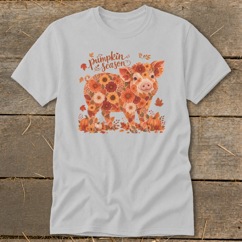 Light grey t-shirt with a pig made of flowers and "Pumpkin Season" text.
