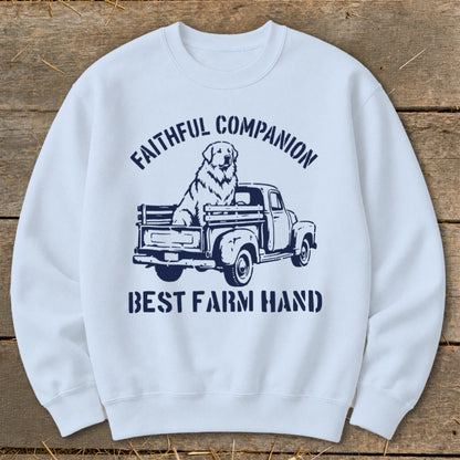 Light blue sweatshirt with navy graphic: dog in truck, "Faithful Companion," "Best Farm Hand."