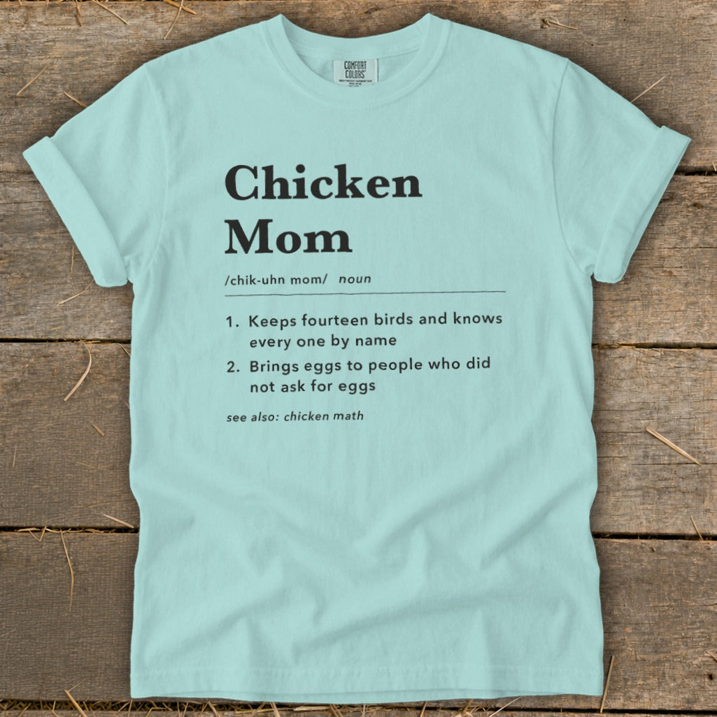 Light blue t-shirt with "Chicken Mom" definition and Comfort Colors logo.