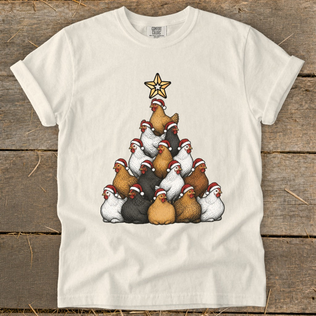 White t-shirt with a Christmas tree made of chickens wearing Santa hats, topped with a star.