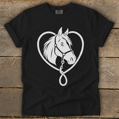 A black t-shirt featuring a white graphic of a horse's head framed by a heart and lead rope.