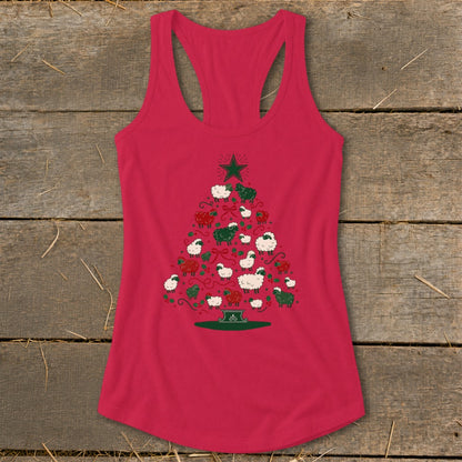 Red tank top with a Christmas tree made of sheep and bows.