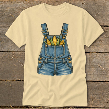 Cream t-shirt with a denim overall graphic featuring three ears of corn in the pocket.