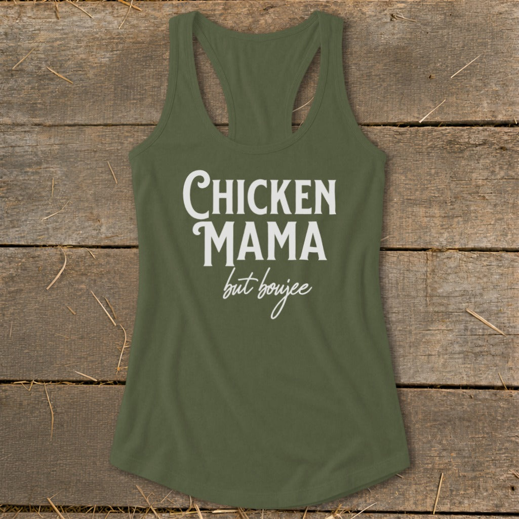 Olive green tank top with "CHICKEN MAMA but boujee" text in white.