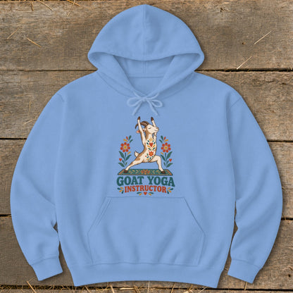 Light blue hoodie with a goat in a yoga pose and the text "GOAT YOGA INSTRUCTOR".
