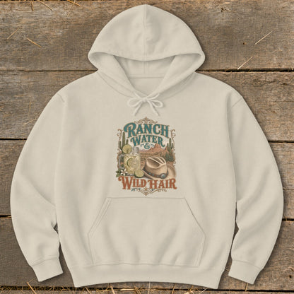 Cream hoodie with "Ranch Water & Wild Hair" design featuring a drink and cowboy hat.
