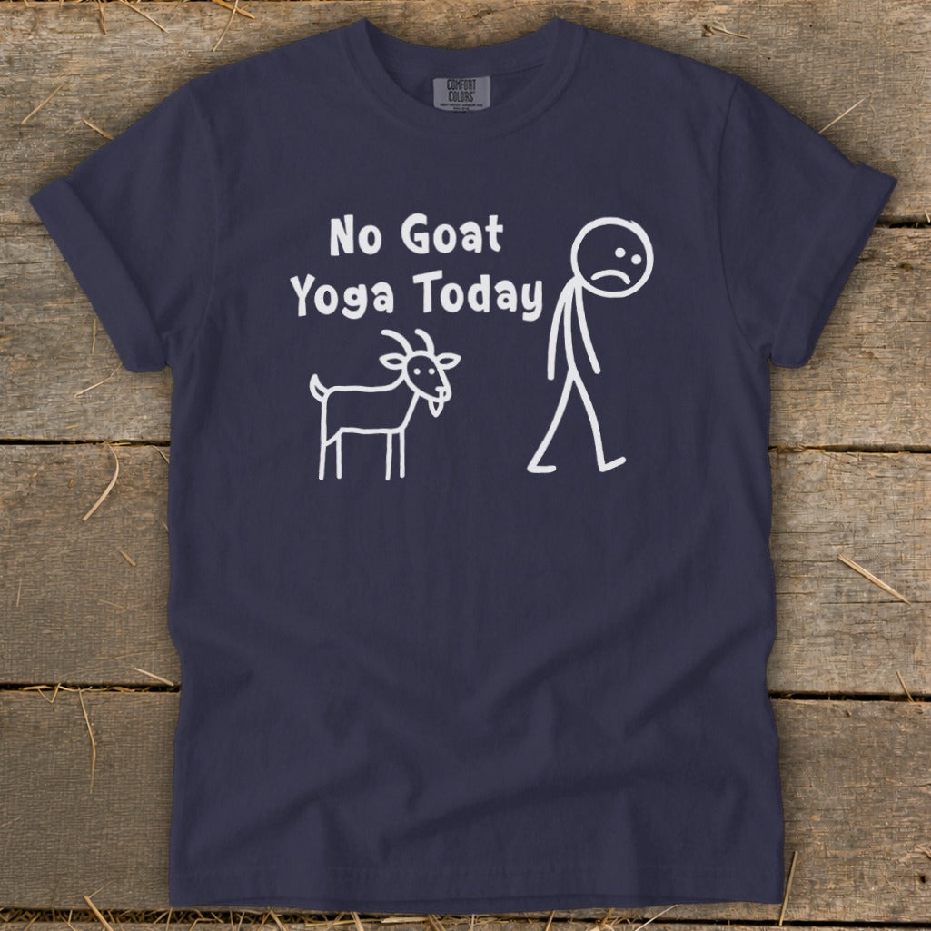 Navy t-shirt with white text and stick figures saying "No Goat Yoga Today."