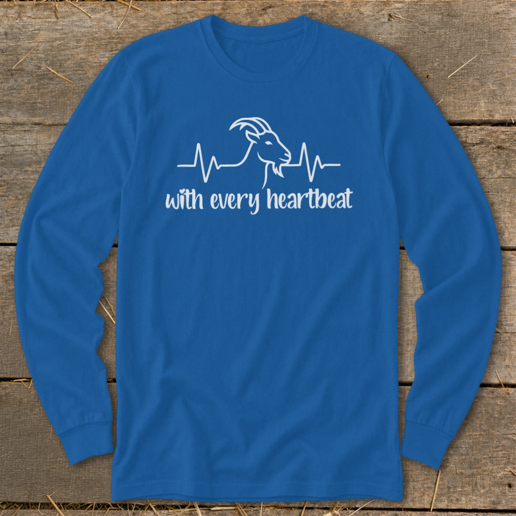 Blue long sleeve shirt with a white goat and heartbeat graphic and text.