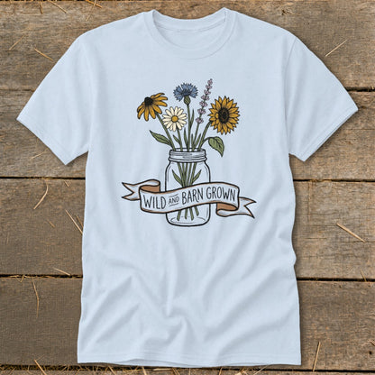 Light blue t-shirt with mason jar bouquet and "Wild and Barn Grown" banner.