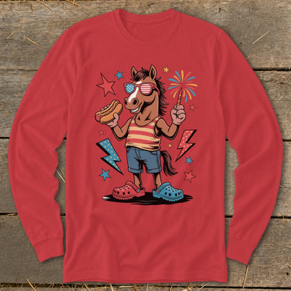 Cartoon horse wearing sunglasses and holding hot dog and sparkler.
