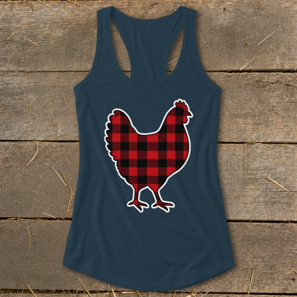 Navy tank top with a red and black buffalo plaid chicken graphic.