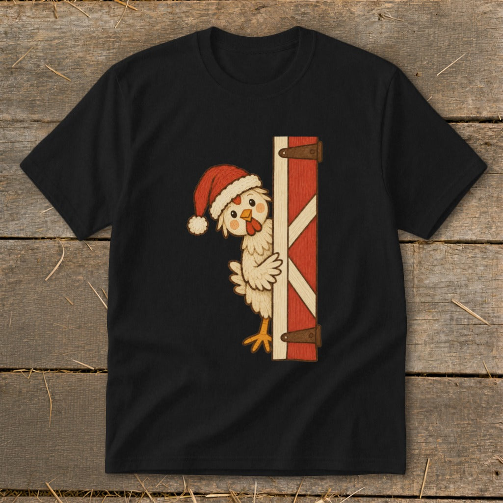 Cartoon chicken wearing Santa hat peeking around a red barn door.