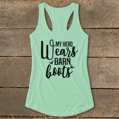 Mint green tank top with black text that reads "MY HERO Wears BARN boots".