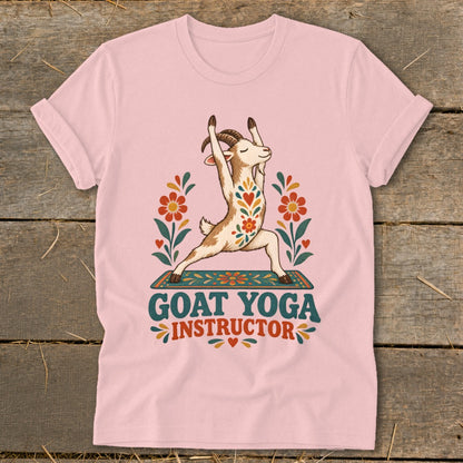 Goat doing yoga pose on a mat with text "GOAT YOGA INSTRUCTOR".