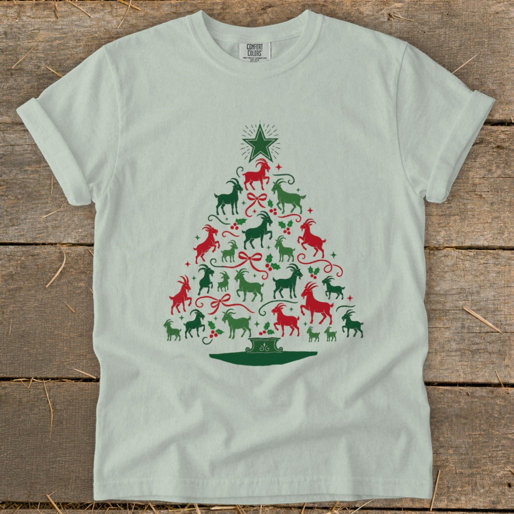 Light blue t-shirt with a Christmas tree made of red and green goats.