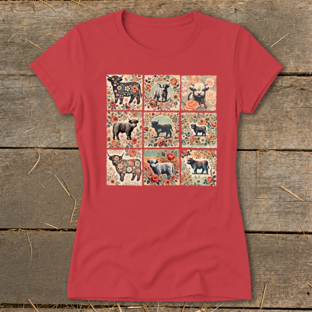 Red t-shirt with a nine-panel print of Highland cows and floral designs.