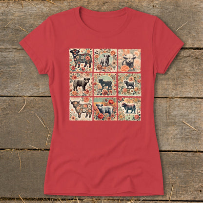Red t-shirt with a nine-panel print of Highland cows and floral designs.