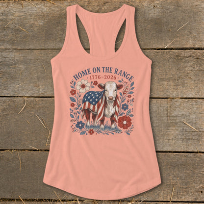 Peach tank top with cow wearing American flag and "Home on the Range" text.