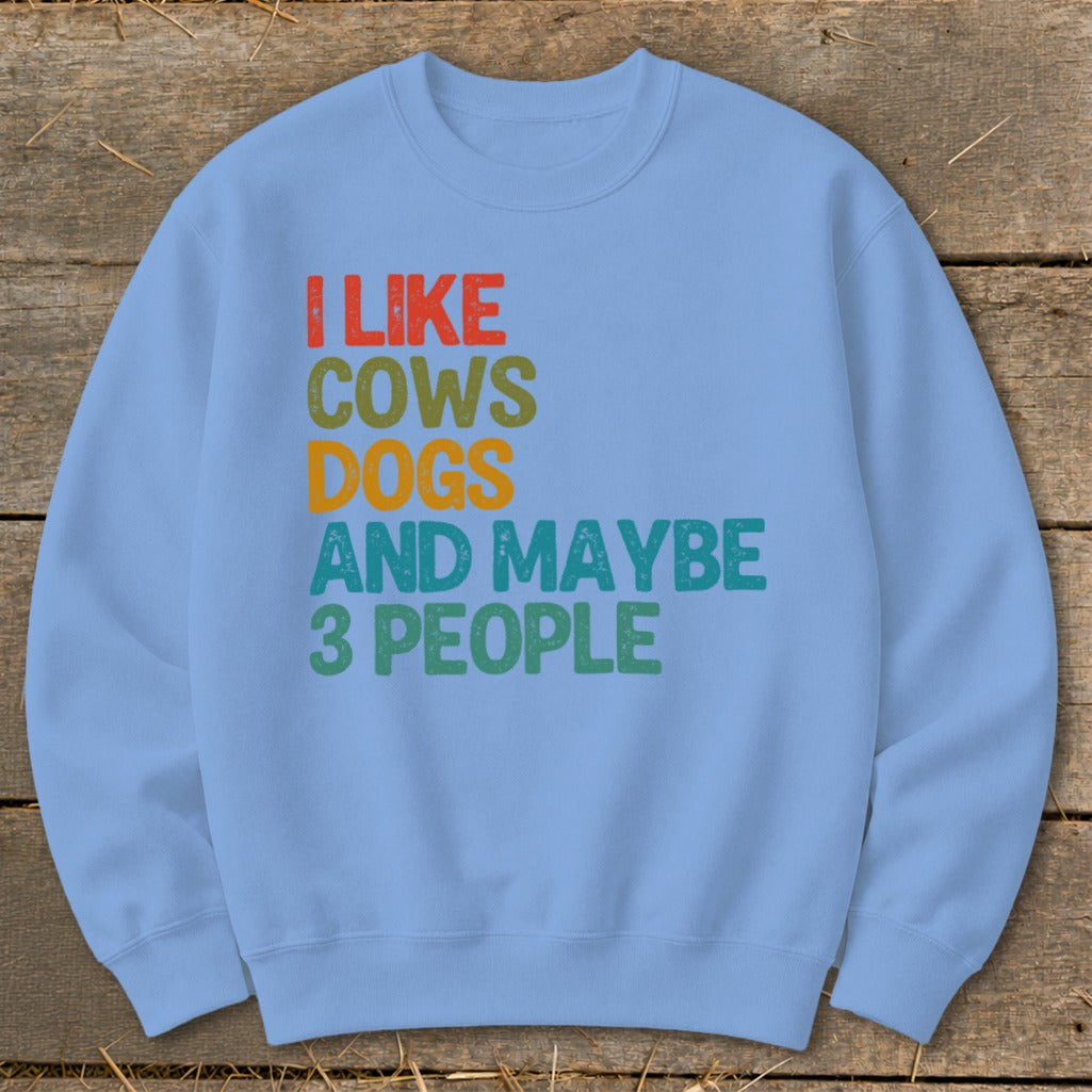 Light blue sweatshirt with text "I LIKE COWS DOGS AND MAYBE 3 PEOPLE"
