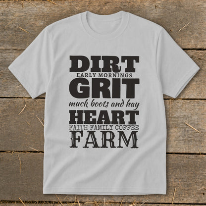 Light grey t-shirt with black text: Dirt, Grit, Heart, Farm and other farm-related phrases.
