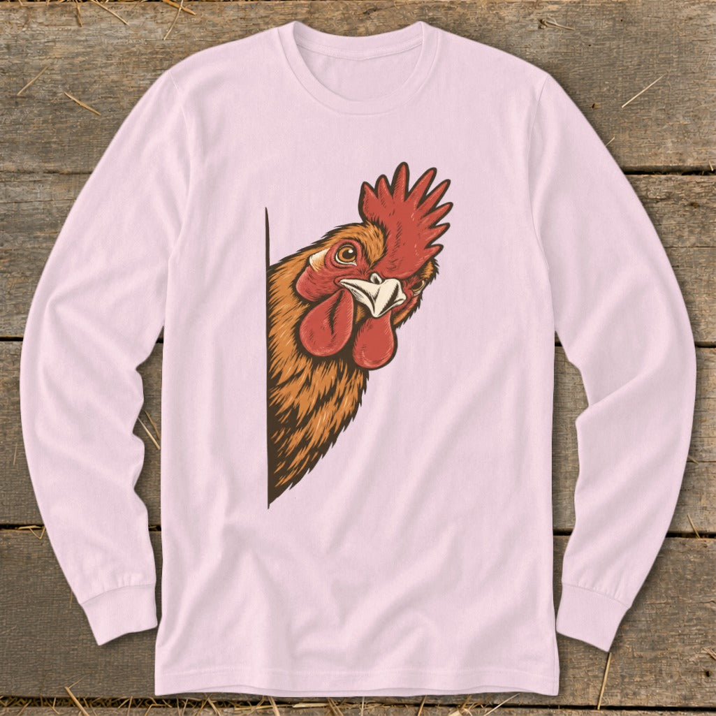 Pink long sleeve shirt with a peeking rooster graphic on the left chest.