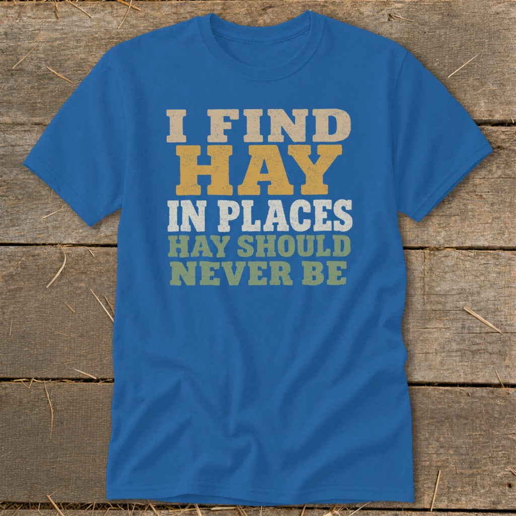Blue t-shirt with text "I FIND HAY IN PLACES HAY SHOULD NEVER BE".