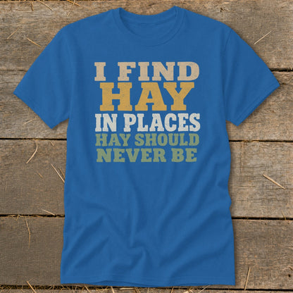 Blue t-shirt with text "I FIND HAY IN PLACES HAY SHOULD NEVER BE".