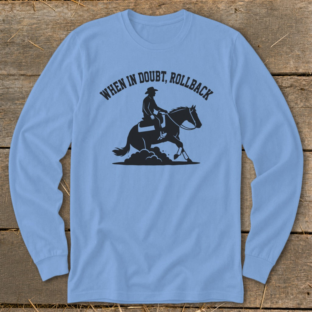 Light blue long-sleeve shirt with black text and horse rider graphic.