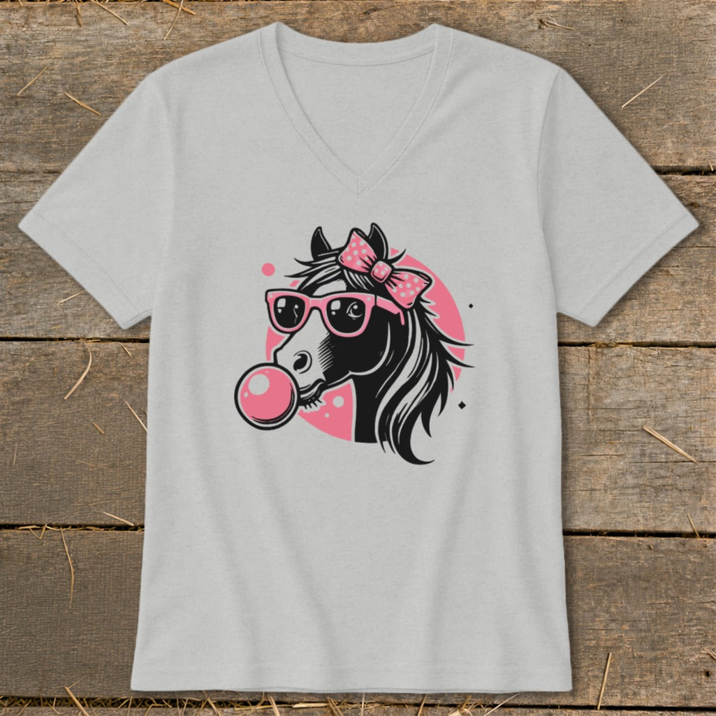 Light grey v-neck t-shirt with graphic of horse wearing pink sunglasses and bow, blowing bubble gum.