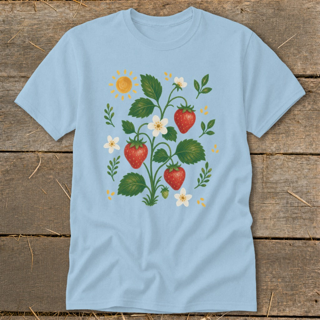 Light blue t-shirt with a whimsical strawberry plant illustration and a sun.