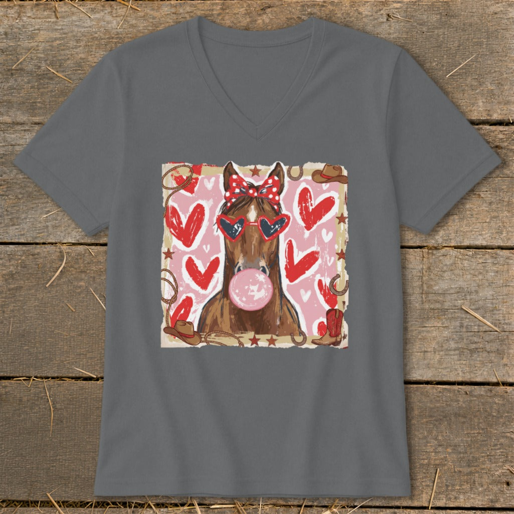 Horse with bubblegum and heart sunglasses, surrounded by hearts and western motifs.