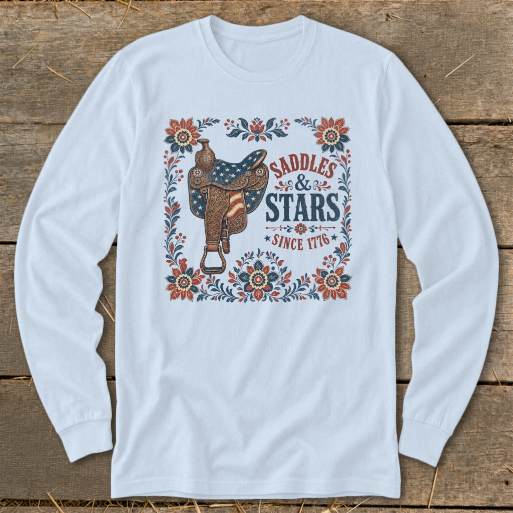 Long sleeve shirt with "Saddles & Stars Since 1776" graphic featuring a saddle.