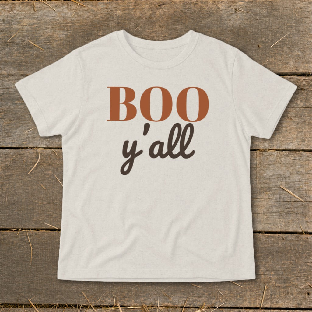 Cream t-shirt with "BOO y'all" text in brown and orange lettering.