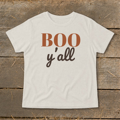 Cream t-shirt with "BOO y'all" text in brown and orange lettering.
