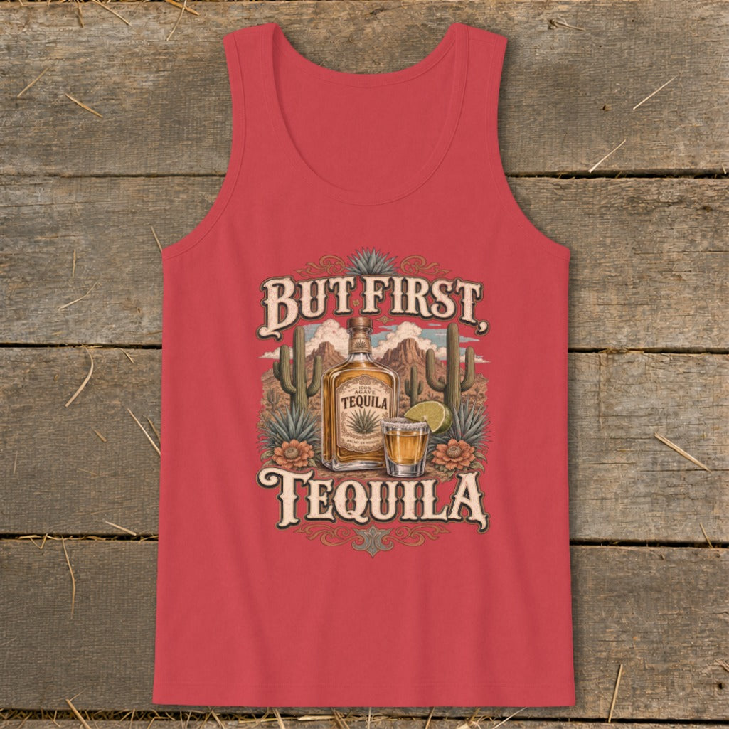 Red tank top with "But First, Tequila" graphic featuring desert scene.
