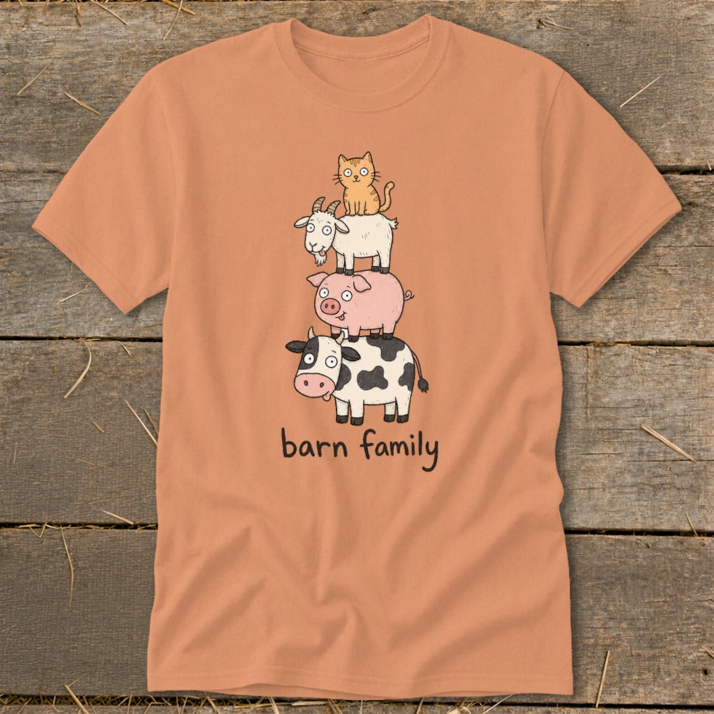 Orange t-shirt with stacked farm animals: cat, goat, pig, and cow, with text "barn family".