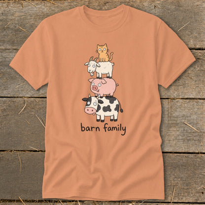 Orange t-shirt with stacked farm animals: cat, goat, pig, and cow, with text "barn family".