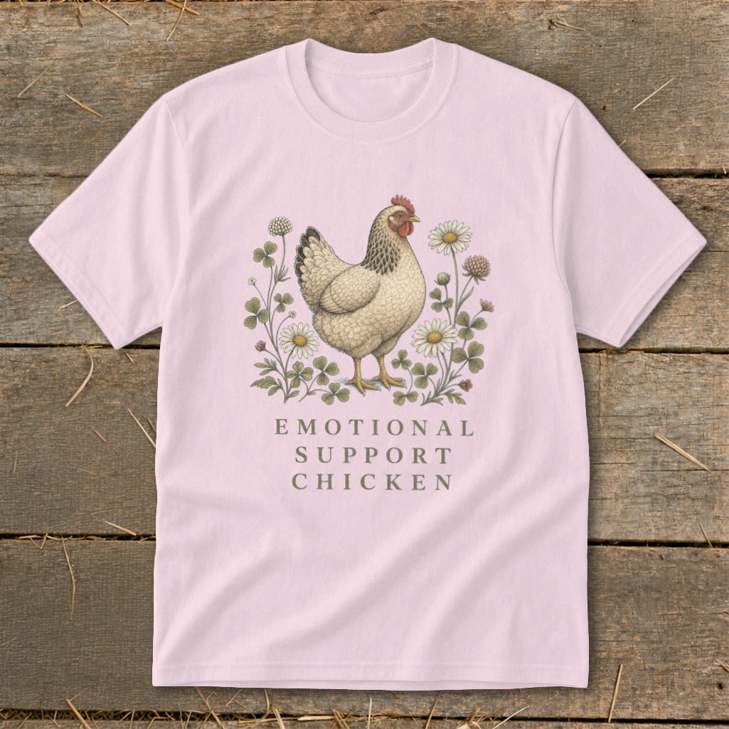 Pink t-shirt with a hen and flowers, text reads "EMOTIONAL SUPPORT CHICKEN".