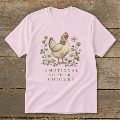 Pink t-shirt with a hen and flowers, text reads "EMOTIONAL SUPPORT CHICKEN".