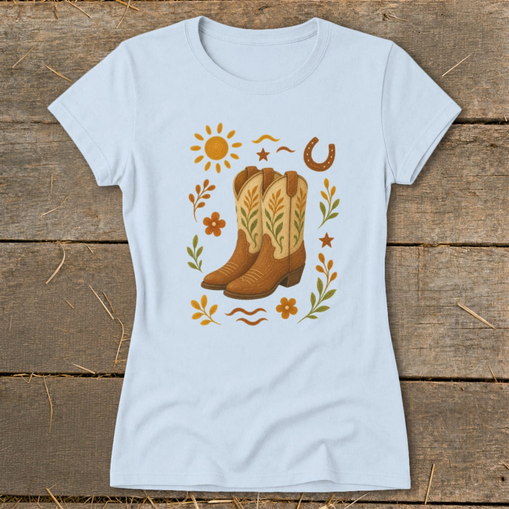 Light blue t-shirt with cowboy boots, sun, horseshoe, and floral graphic.