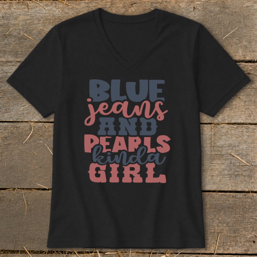Black v-neck t-shirt with "Blue jeans and pearls kinda girl" graphic.