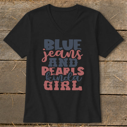 Black v-neck t-shirt with "Blue jeans and pearls kinda girl" graphic.