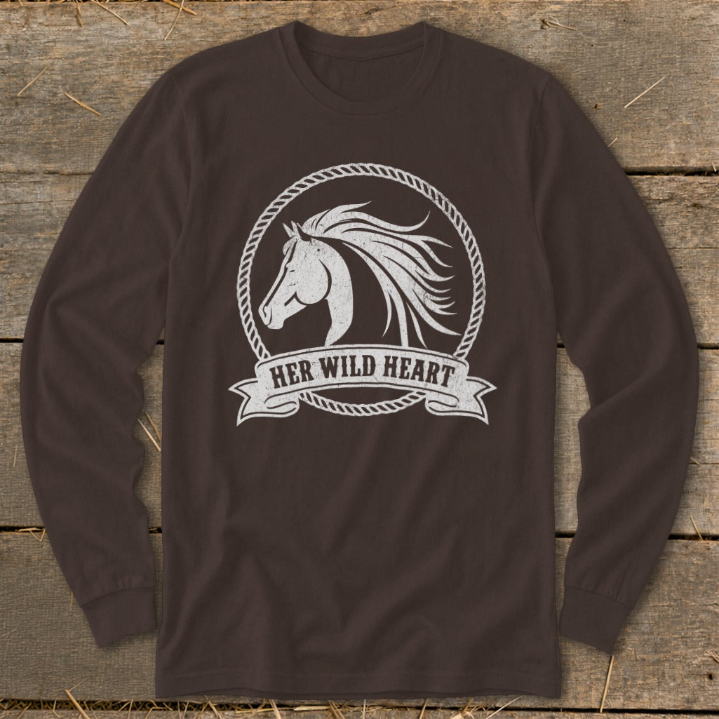 Brown long-sleeve shirt with white horse graphic and "HER WILD HEART" text.