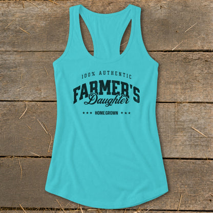 Turquoise tank top with "100% Authentic Farmer's Daughter Home Grown" text.