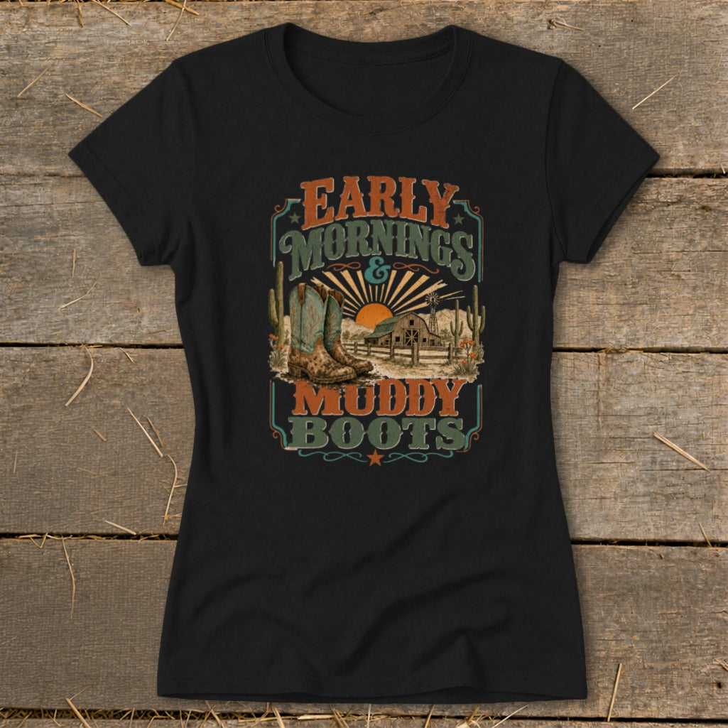 Black t-shirt graphic with text "Early Mornings & Muddy Boots" and cowboy boots.
