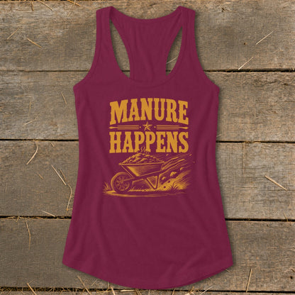 Maroon tank top with "Manure Happens" text and wheelbarrow graphic.