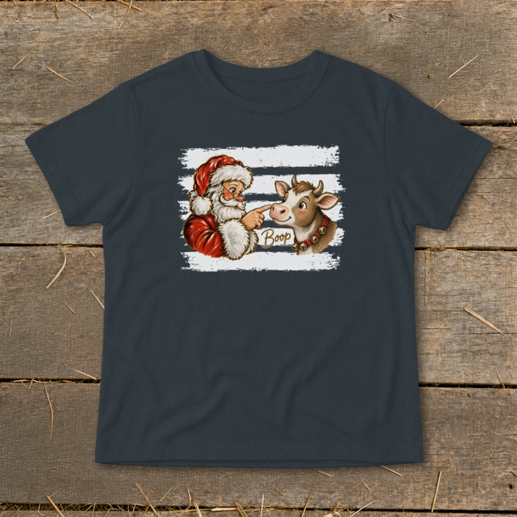 Santa booping a cow with the word "Boop" on a t-shirt.